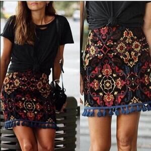 Zara Woman Skirt Womens Small Black Red Gold Velvet Boho Tassel Fringe Bohemian